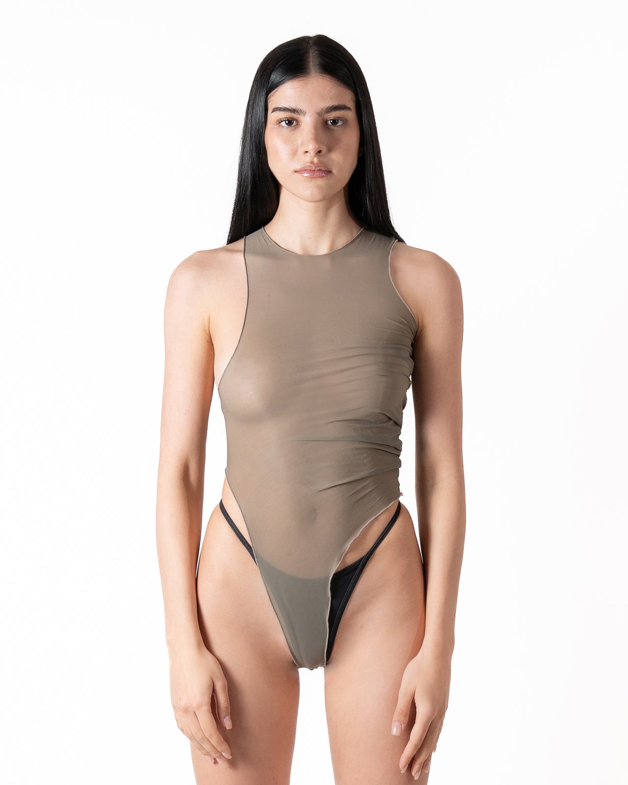 ASYMMETRIC SHEER BODY IN IRON GREEN