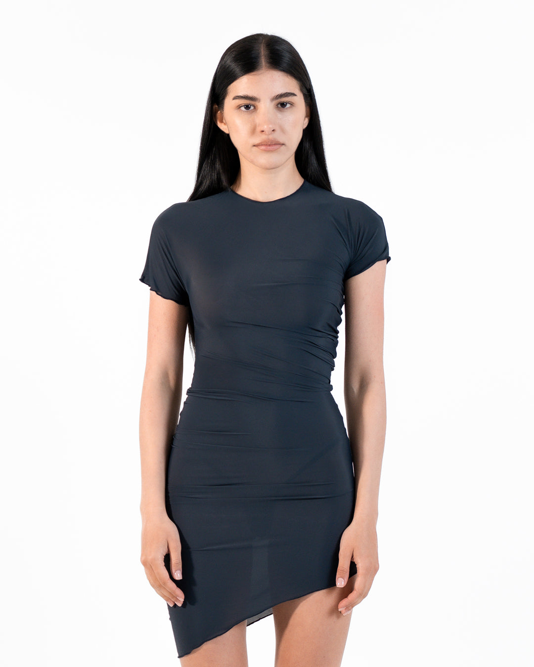 RUCHED MINI DRESS IN BLACK BLUE