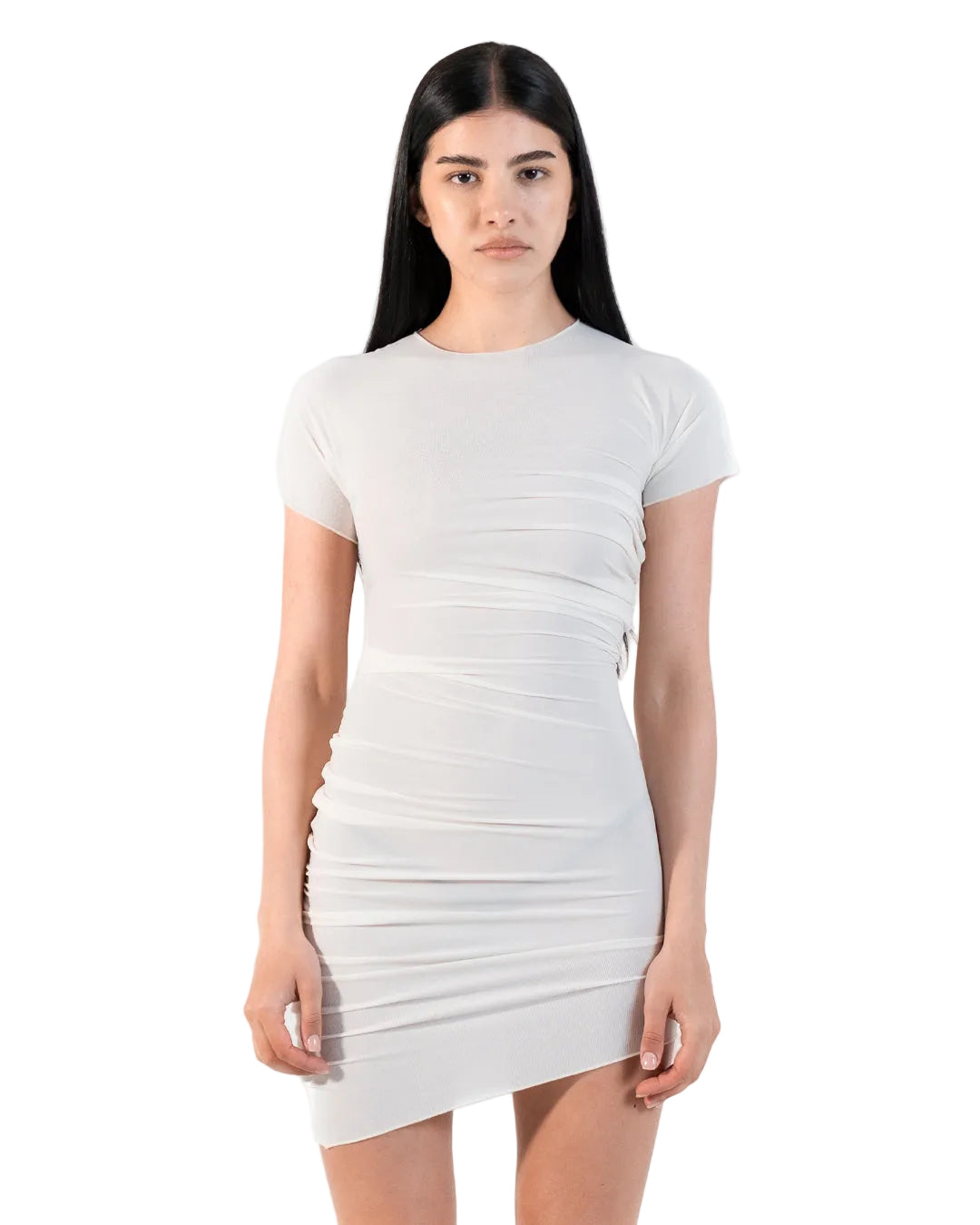 RUCHED MINI DRESS IN WHITE