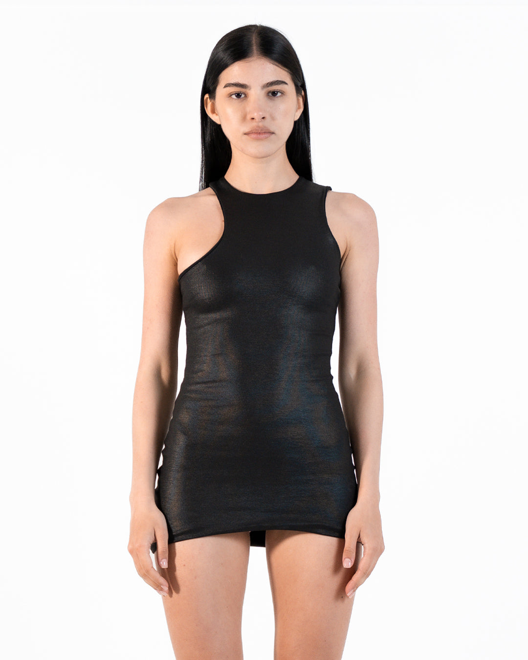 ASYMMETRIC MINI DRESS IN BLACK