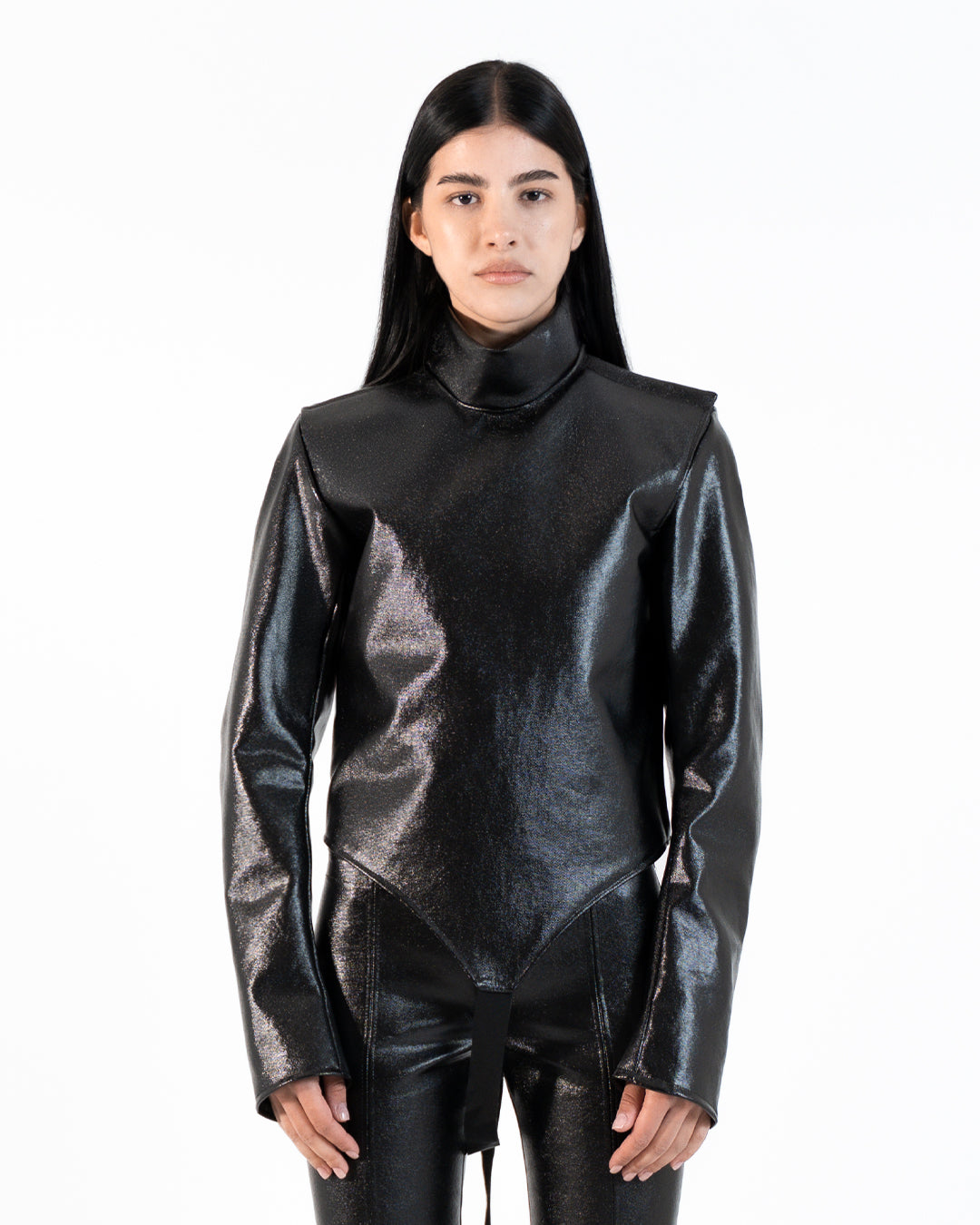 GLOSSY FENCING JACKET IN BLACK